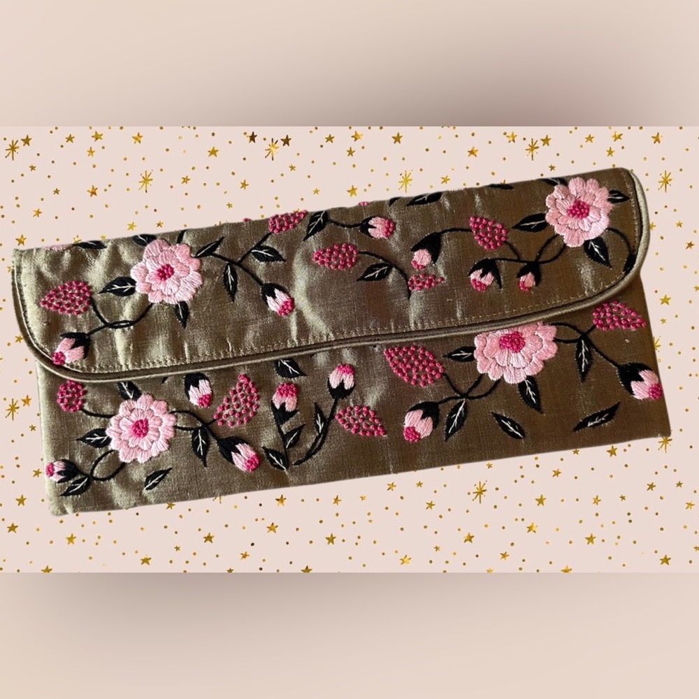 Lily Juliet Gold Fabric Clutch with Pink Embroidered Flowers